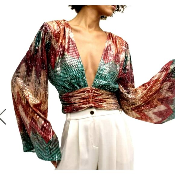 New Ramy Brook Erin Sequined Multicolor Long Sleeve Cropped Top Size 4 - Picture 1 of 10